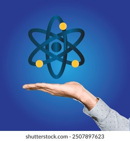 "Stunning visual of an atom with a sleek hand illustration against a blended blue background, perfect for scientific or educational themes. Ideal for adding a touch of sophistication and clarity."



