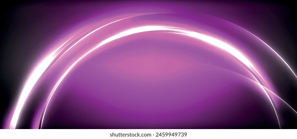 A stunning visual effect lighting of a purple and white glowing arch on a black background, creating a mesmerizing pattern of electric blue, magenta, and pink hues