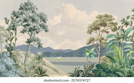 Stunning wall murals to elevate your spaces, Garden Illustration, Sky, Watercolor Background, Lake.