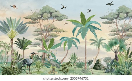 Impresionantes murales de pared ilustración para la pared, planta tropical con fondo de acuarela, aves, animales.