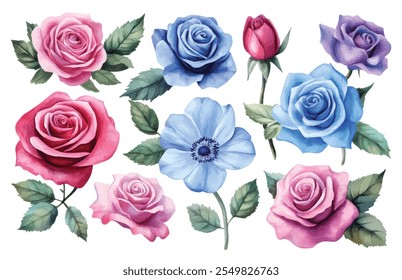 A stunning watercolor collection of roses in shades of pink, blue, and purple, featuring lush green leaves and intricate floral details.
