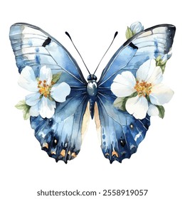 A stunning watercolor depiction of a blue butterfly surrounded by delicate white blossoms, capturing elegance and natural beauty.
