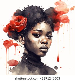 Stunning watercolor illustration of a beautiful black woman with vibrant red flowers in her hair. Vector artwork with soft colors and delicate brushstrokes of the watercolor medium