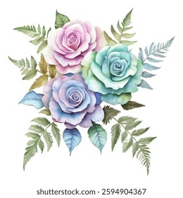 A stunning watercolor illustration featuring three multicolored roses in shades of blue, purple, and green, surrounded by delicate fern leaves. The botanical artwork has a soft and elegant aesthetic 