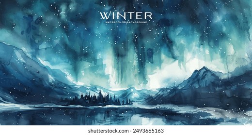 stunning watercolor of the Northern Lights dancing over a snowy, tranquil landscape