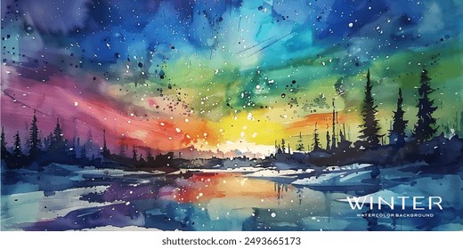 stunning watercolor of the Northern Lights dancing over a snowy, tranquil landscape