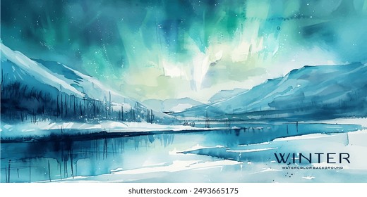 stunning watercolor of the Northern Lights dancing over a snowy, tranquil landscape