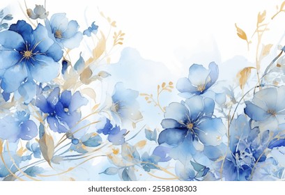 Stunning watercolor painting of beauty of a vibrant floral arrangement. Delicate blue blossoms, petals and golden centers in flowing style vector background