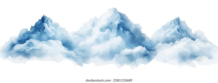 A stunning watercolor painting featuring three towering, snow-covered mountain peaks enveloped in soft clouds, evoking a serene and majestic natural landscape