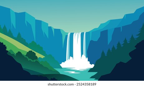 Stunning waterfall in Croatia, cascading over rocks surrounded by lush greenery and vibrant natural scenery flat vector illustration