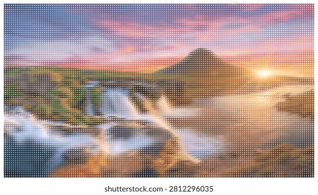 Stunning waterfall flowing into river during sunset with vibrant sky vector illustration dramatic nature landscape scenery majestic outdoor view design.