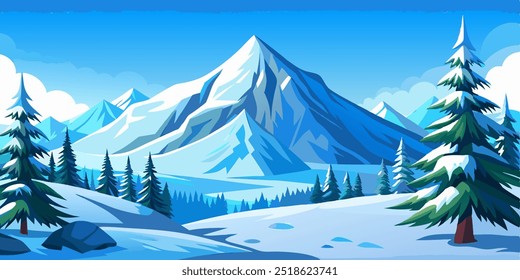 Un impresionante paisaje invernal con montañas cubiertas de nieve y un bosque sereno. Perfecta para crear un ambiente tranquilo y apacible en sus diseños, esta Imagen evoca la belleza del invierno.