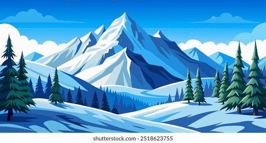 Eine atemberaubende Winterlandschaft mit schneebedeckten Bergen, einem klaren blauen Himmel und einem Hauch von flauschigen Wolken.  Das Bild vermittelt ein Gefühl von Ruhe und Frieden.