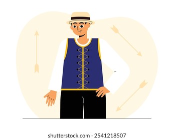 Stunning young man in traditional gypsy costume, vector illustration.