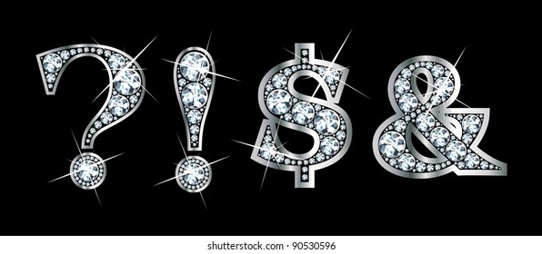 Stunningly beautiful punctuation marks set in diamonds and silver, to include question mark, exclamation mark, dollar sign and ampersand. Vector.