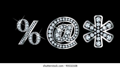 Stunningly beautiful punctuation marks set in diamonds and silver, to include percentage, "at" sign (arroba), and asterisk. Vector.