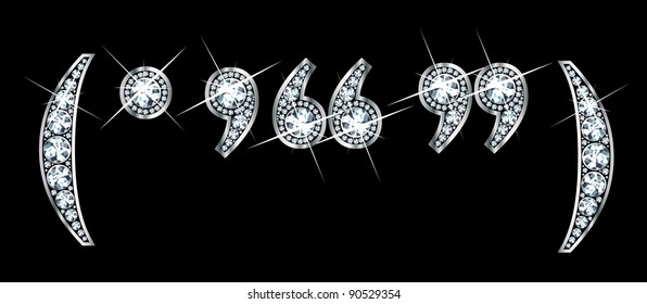 Stunningly beautiful punctuation symbols set in diamonds and silver: parentheses, period, comma, and smart quotation marks. Vector.