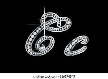 Stunningly beautiful script C and c set in diamonds and silver. Vector.