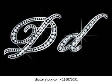 Stunningly beautiful script D and d set in diamonds and silver. Vector.