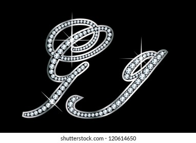 Stunningly beautiful script G and g set in diamonds and silver. Vector.