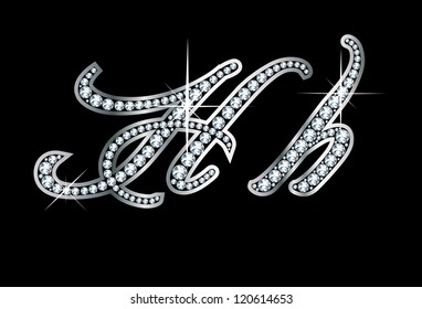 Stunningly beautiful script H and h set in diamonds and silver. Vector.