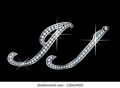 Stunningly beautiful script J and j set in diamonds and silver. Vector.