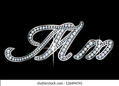 Stunningly beautiful script M and m set in diamonds and silver. Vector.