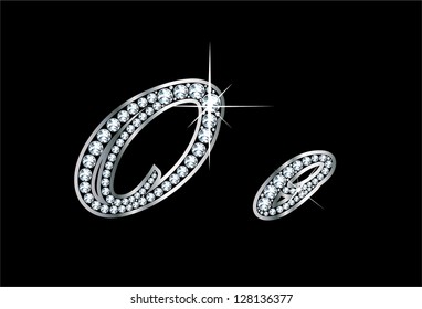 Stunningly beautiful script O and o set in diamonds and silver. Vector.