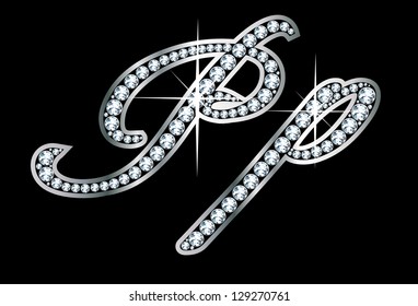 Stunningly beautiful script P and p set in diamonds and silver. EPS-10 Vector.