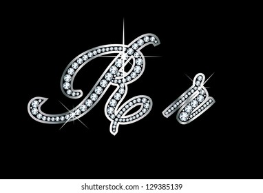 Stunningly beautiful script R and r set in diamonds and silver. Diamonds are hand set, no automation was used to create these. Vector, EPS-10, transparency used.