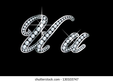 Stunningly beautiful script U and u set in diamonds and silver. Vector.