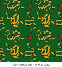 A Stunningly Colorful Snake and Star Pattern Adorning a Vibrant Green Background