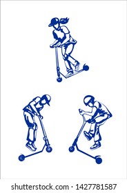 stunt kick scooter riders boys and girl stencil silhouettes on white color  background vector illustration 