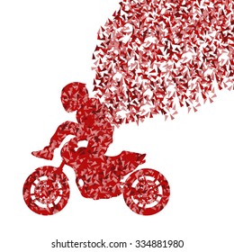 Stunt motorcycle rider performance vector background concept made of fragments isolated on white