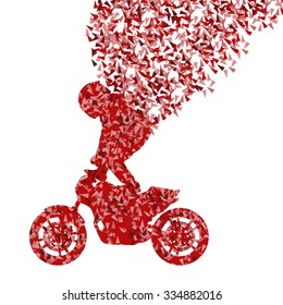 Stunt motorcycle rider performance vector background concept made of fragments isolated on white