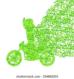 Stunt motorcycle rider performance vector background concept made of fragments isolated on white