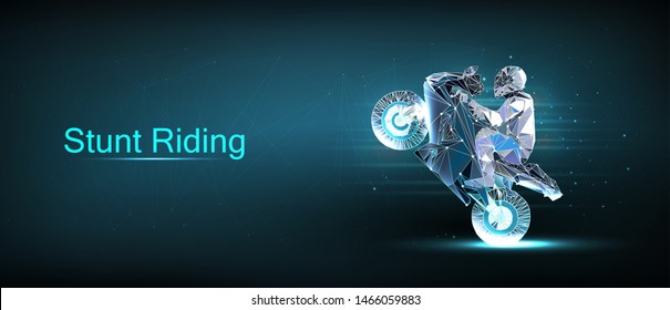 Stunt Riding banner. Moto show. Motorbike rider riding on the rear wheel. Sport motorbike in the form of a starry sky or space, consisting of points. Polygonal and low poly style. Vector image