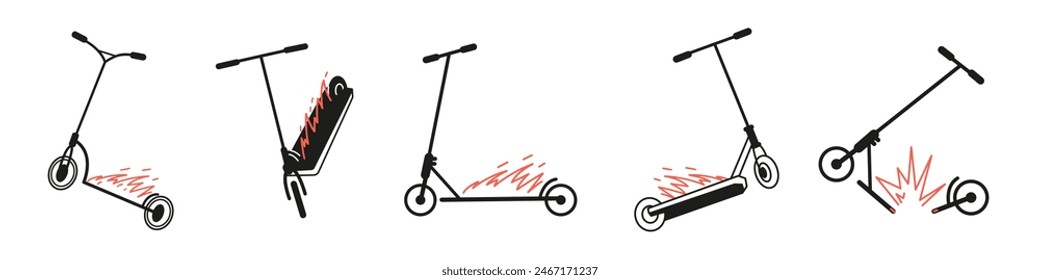 Stunt scooter on fire in different positions line minimalistic vector illustrations set.