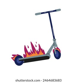 Stunt scooter on fire flat vector illustration isolated on white.