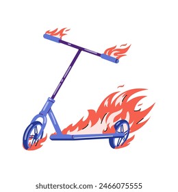 Stunt scooter on fire flat vector illustration isolated on white.