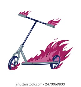 Stunt scooter on fire flat vector illustration isolated on white.