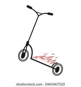 Stunt scooter on fire line art minimalistic vector illustration isolated on white.