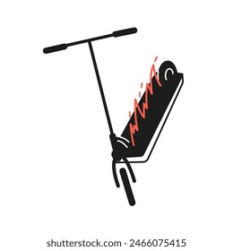 Stunt scooter on fire line art minimalistic vector illustration isolated on white.