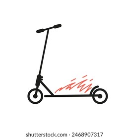 Stunt scooter on fire line art minimalistic vector illustration isolated on white.