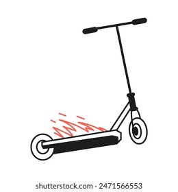 Stunt scooter on fire line art minimalistic vector illustration isolated on white.