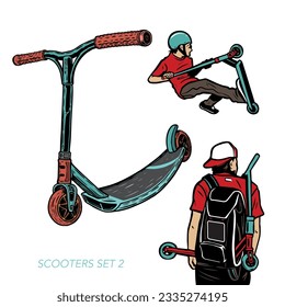 Stunt scooter and rider vector set