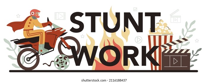 Stunt work typographic header. Stuntman actor performing dangerous stunt on motorcycle or car. Movie production, hollywood industry. Flat vector illustration