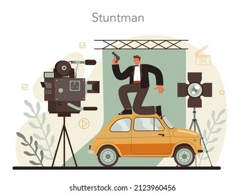 Stuntman concept. Actor performing dangerous stunt on motorcycle or car. Movie production, hollywood industry. Flat vector illustration