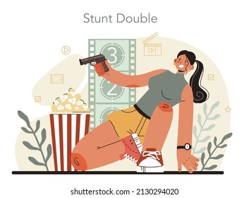 Stuntman concept. Actor performing dangerous stunt on motorcycle or car. Movie production, hollywood industry. Flat vector illustration