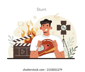 Stuntman Concept. Actor Performing Dangerous Stunt On Motorcycle Or Car. Movie Production, Hollywood Industry. Flat Vector Illustration